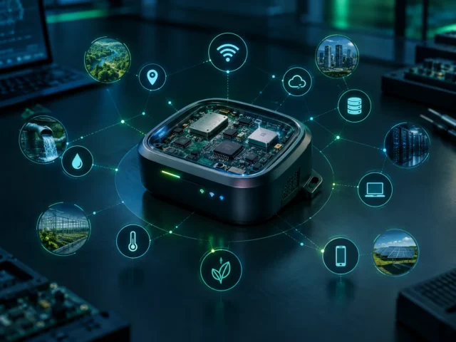 Smart industrial IoT device surrounded by sensor and monitoring icons