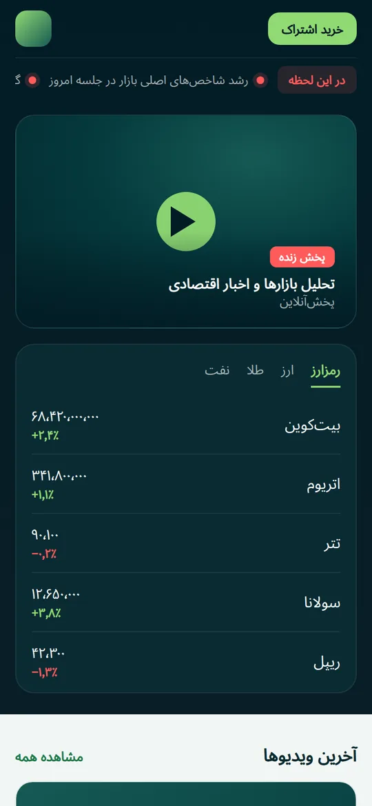 صفحه اصلی پورتال خبری و مالی در نسخه موبایل