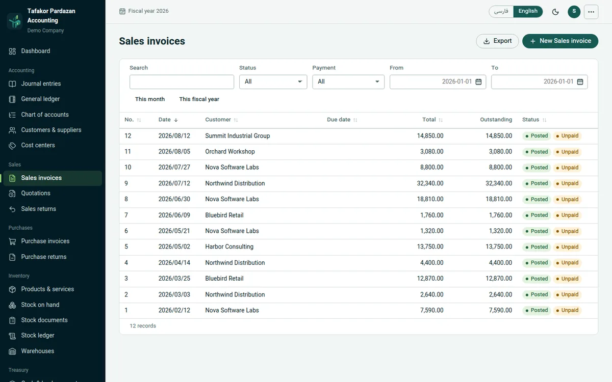 Sales invoice list in English with posting and payment status