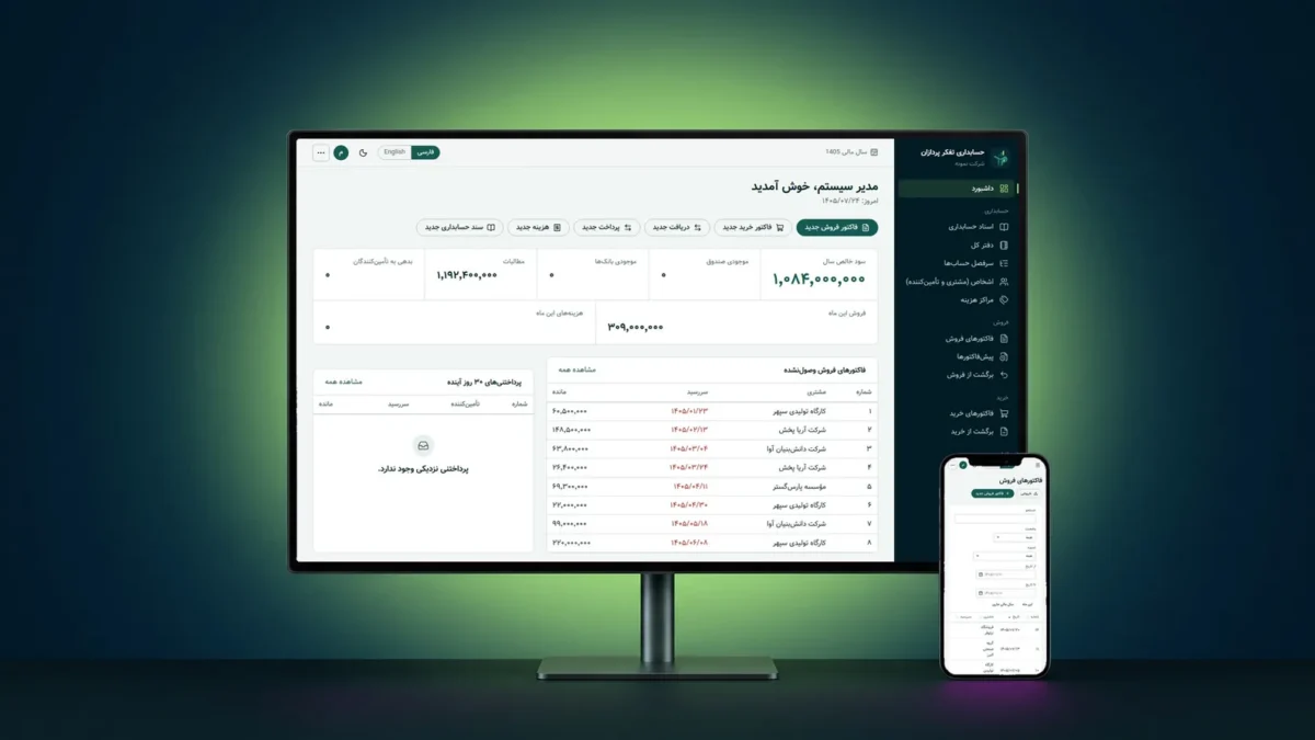 نمایش داشبورد و فهرست فاکتورهای سامانه حسابداری تحت وب روی مانیتور و موبایل